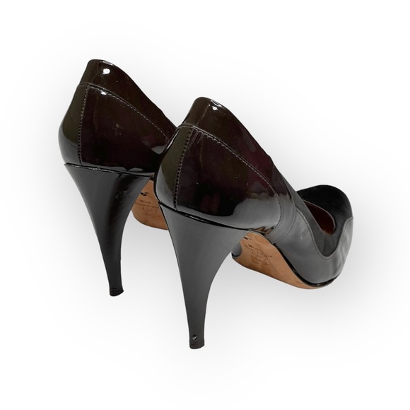 BCBG MaxAzria ஐ Shiny Patent Leather + Satin Pumps ஐ Carved Heel ꕥ Cocoa 8.5M ꕥ - Picture 2 of 16